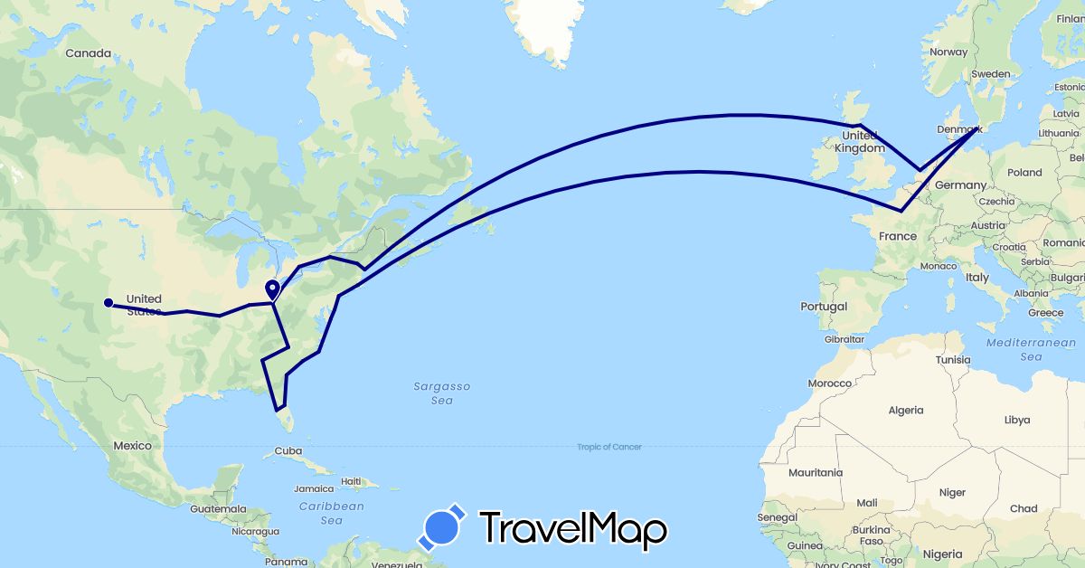 TravelMap itinerary: driving in Canada, Denmark, France, United Kingdom, Netherlands, United States (Europe, North America)